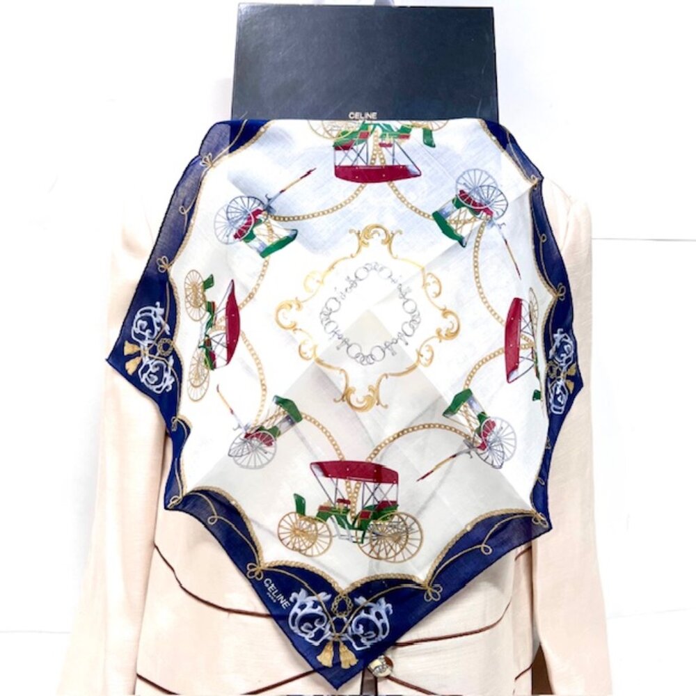 New GreatGift Celine Paris Mini Scarf 19" Cotton Carriage blue white logo( 54) - Picture 1 of 8